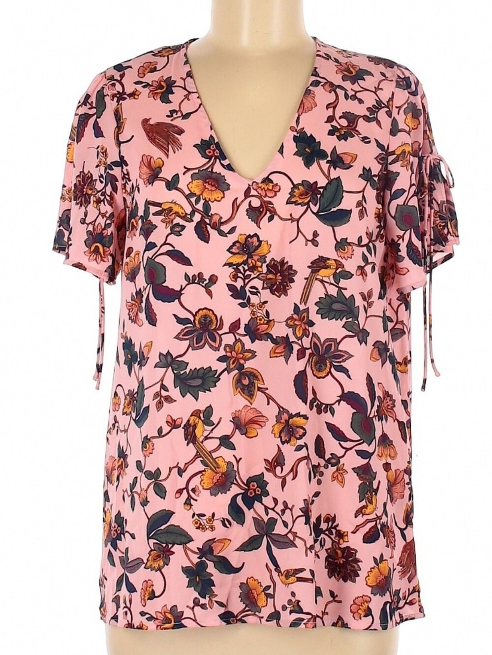 Pleione Pink Floral V-Neck Tie-Sleeve Blouse